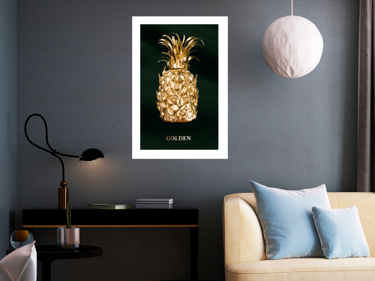 Poster Golden Exoticism - golden pineapple composition on a dark green background 135603 additionalImage 6