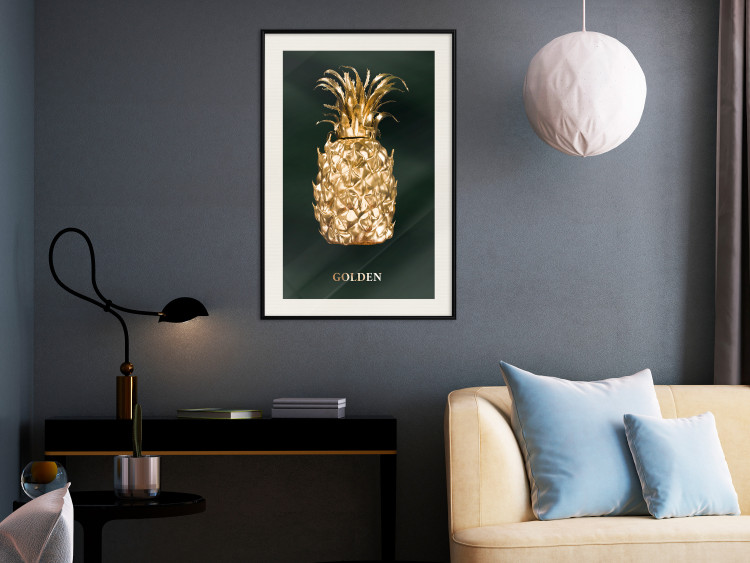 Poster Golden Exoticism - golden pineapple composition on a dark green background 135603 additionalImage 26