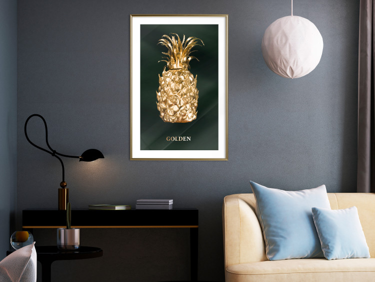 Poster Golden Exoticism - golden pineapple composition on a dark green background 135603 additionalImage 2