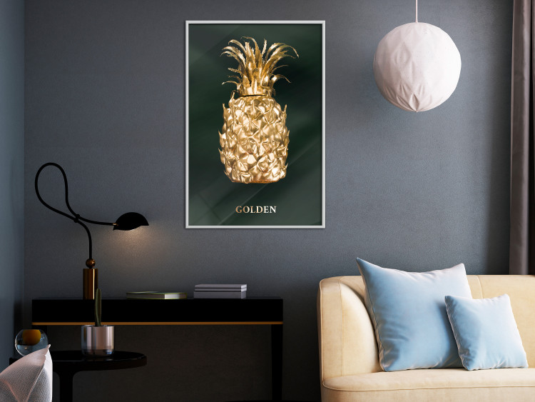 Poster Golden Exoticism - golden pineapple composition on a dark green background 135603 additionalImage 4