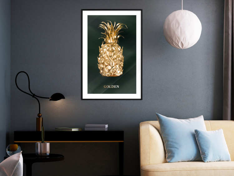 Poster Golden Exoticism - golden pineapple composition on a dark green background 135603 additionalImage 3