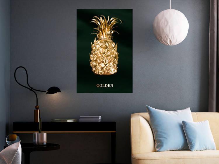 Poster Golden Exoticism - golden pineapple composition on a dark green background 135603 additionalImage 24