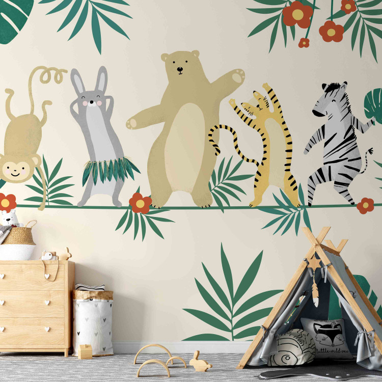 Wall Mural Dancing animals - monkey, hare, tiger, bear and zebra on yellow background 144603 additionalImage 6