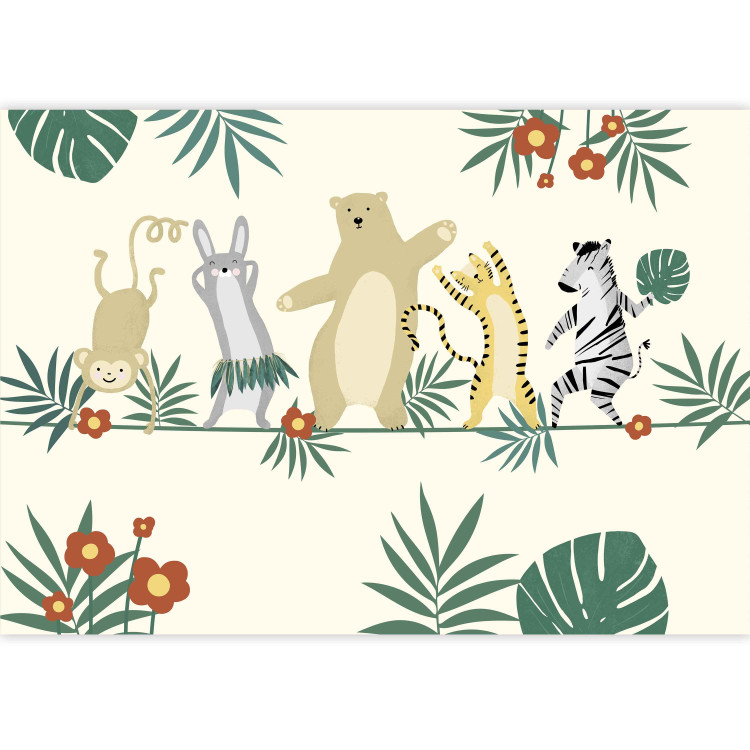 Wall Mural Dancing animals - monkey, hare, tiger, bear and zebra on yellow background 144603 additionalImage 3