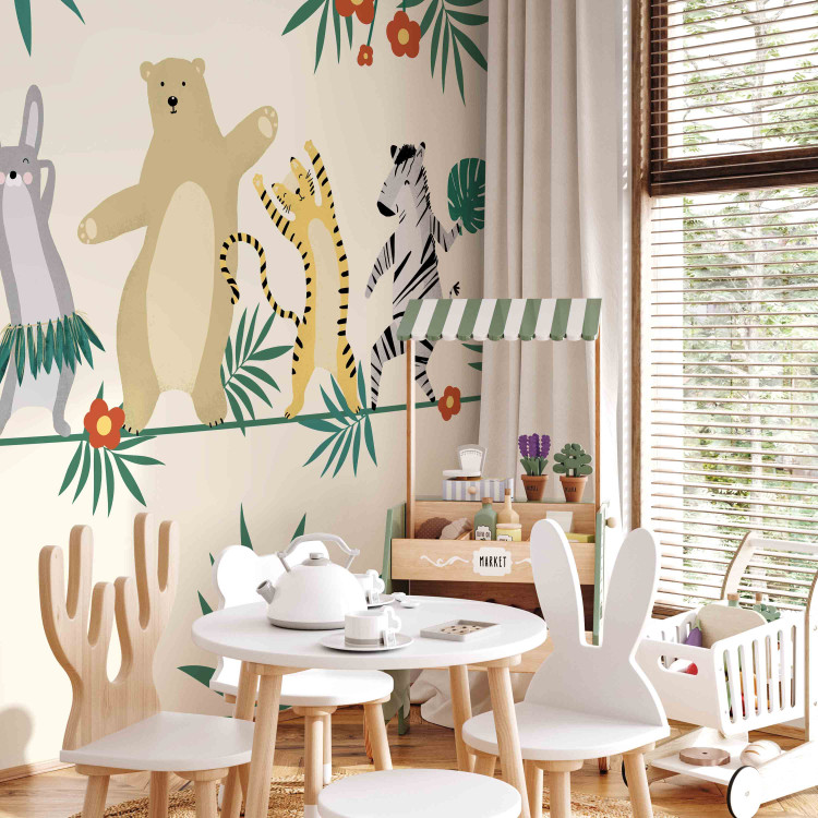 Wall Mural Dancing animals - monkey, hare, tiger, bear and zebra on yellow background 144603 additionalImage 4