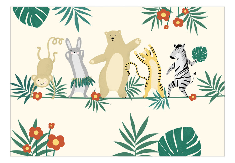 Wall Mural Dancing animals - monkey, hare, tiger, bear and zebra on yellow background 144603 additionalImage 1