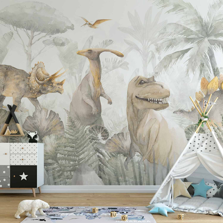 Photo Wallpaper Dinosaurs - Watercolor Reptiles in a Prehistoric Jungle in Beiges 148603 additionalImage 6