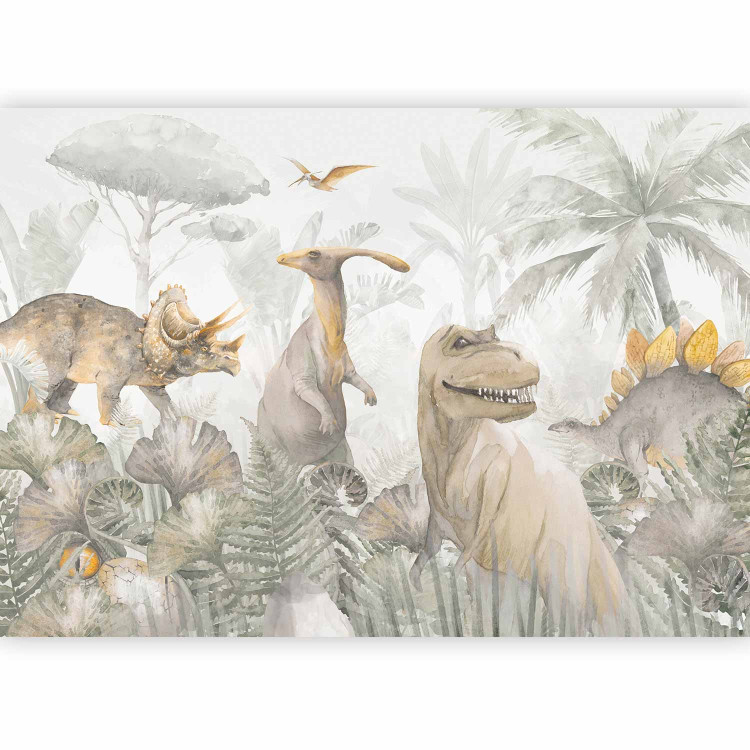 Photo Wallpaper Dinosaurs - Watercolor Reptiles in a Prehistoric Jungle in Beiges 148603 additionalImage 1