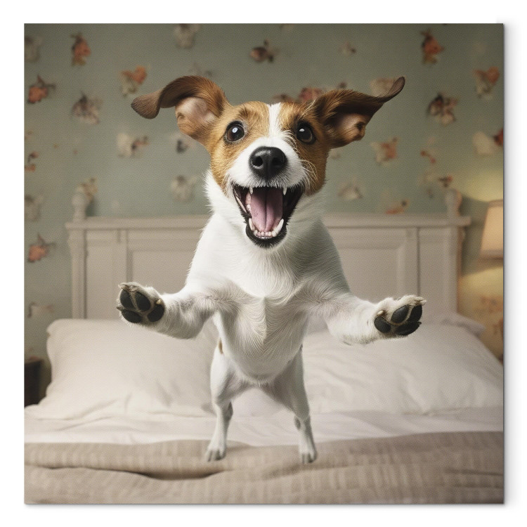 Canvas Print AI Dog Jack Russell Terrier - Joyful Animal Jumping From Bed Into Owner’s Arms - Square 150203