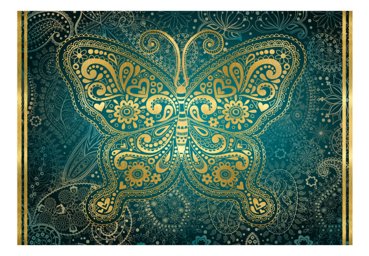 Photo Wallpaper Oriental Design - Golden Butterfly Ornament on a Turquoise Background 60103 additionalImage 1