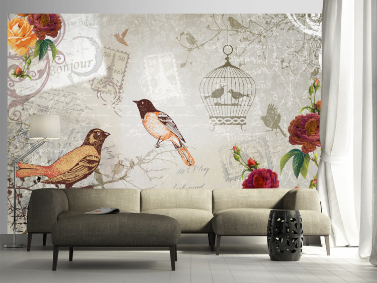 Photo Wallpaper Birdsong - Composition in a retro style with birds, flowers, and captions 61103
