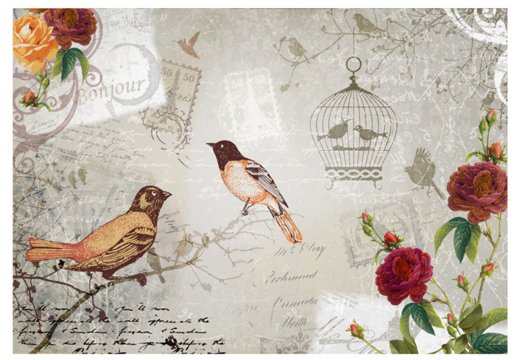Photo Wallpaper Birdsong - Composition in a retro style with birds, flowers, and captions 61103 additionalImage 1