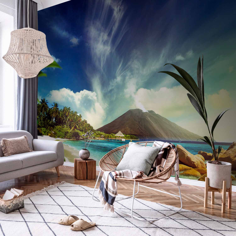 Wall Mural Tropical Motif - Landscape of the Beach above the Turquoise Water with a Volcano in the Background 61603