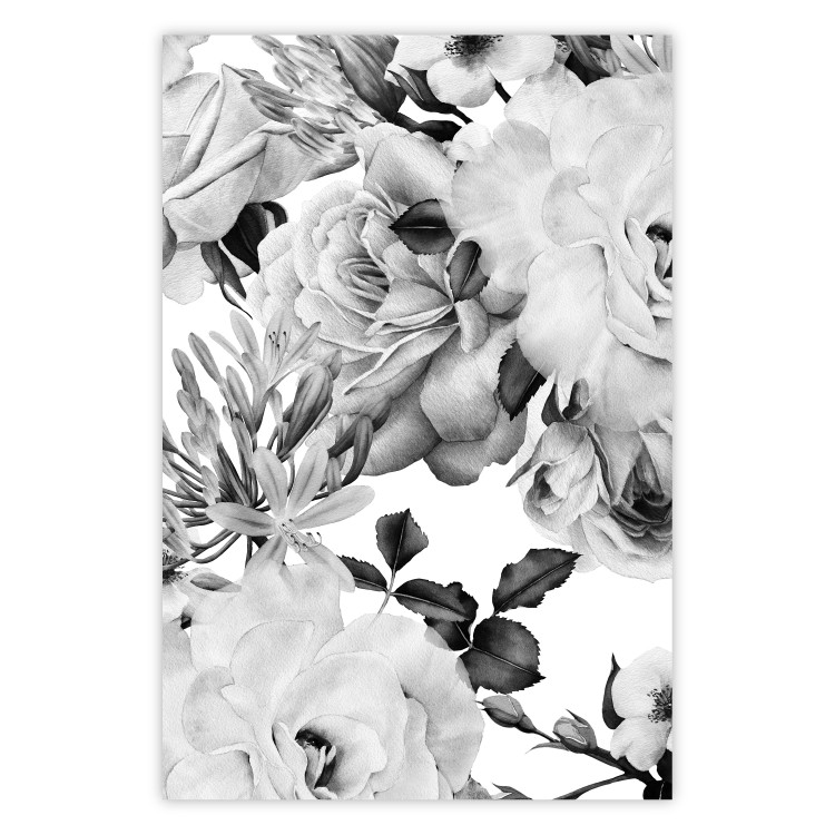 Poster Monochrome Flowers - black and white motif of flowers and leaves on white background 123813