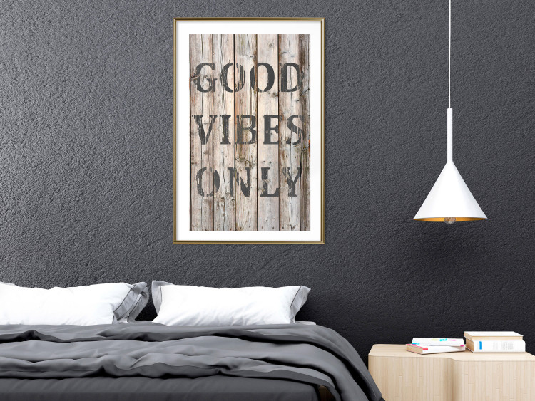 Wall Poster Retro: Good Vibes Only - English text on a background of wooden planks 125713 additionalImage 13