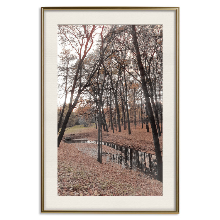 Poster Autumn Stroll - landscape of trees and brown leaves with a water pond 131913 additionalImage 20