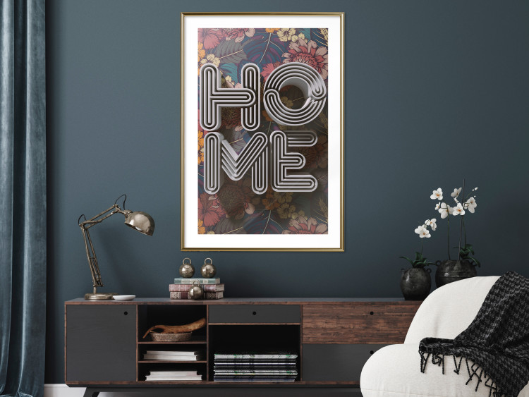 Poster Colorful Home - patterned texts with imitation of 3D effect on a flowery background 135513 additionalImage 9