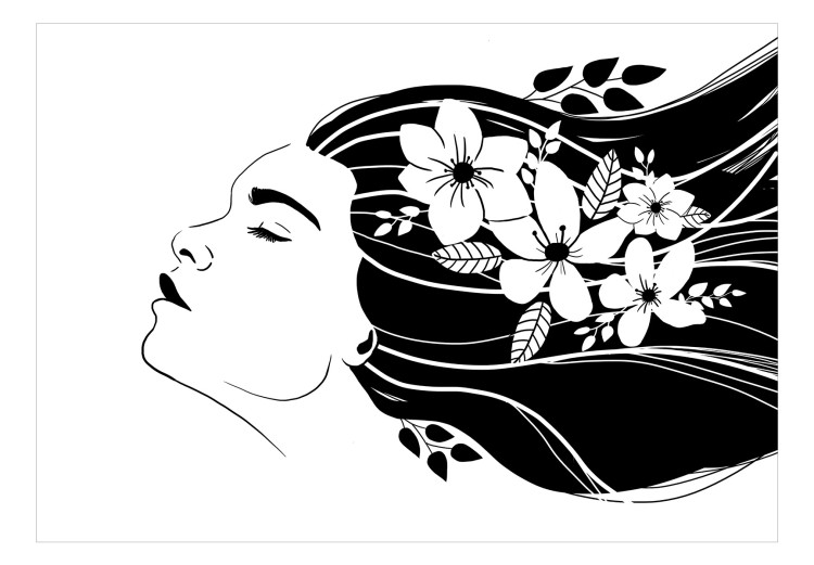 Photo Wallpaper Flowers in hair - Portrait of a woman on black and white graphic 138313 additionalImage 1