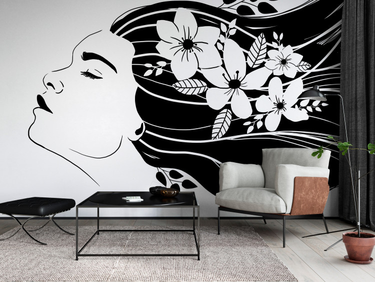 Photo Wallpaper Flowers in hair - Portrait of a woman on black and white graphic 138313