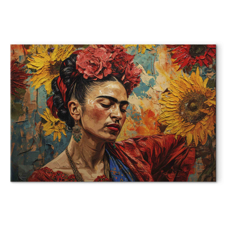 Large canvas print Frida Kahlo - Woman Against a Background of Sunflowers in the Style of Van Gogh’s Paintings [Large Format] 152213