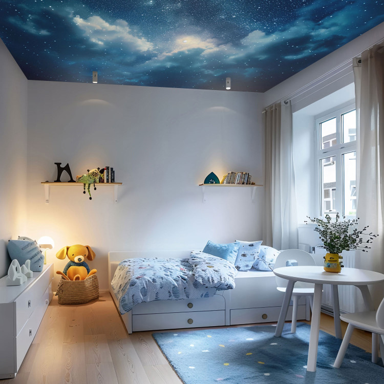 Wall Mural Night Sky - Moon on a Dark Blue Background With Stars and Clouds 159913