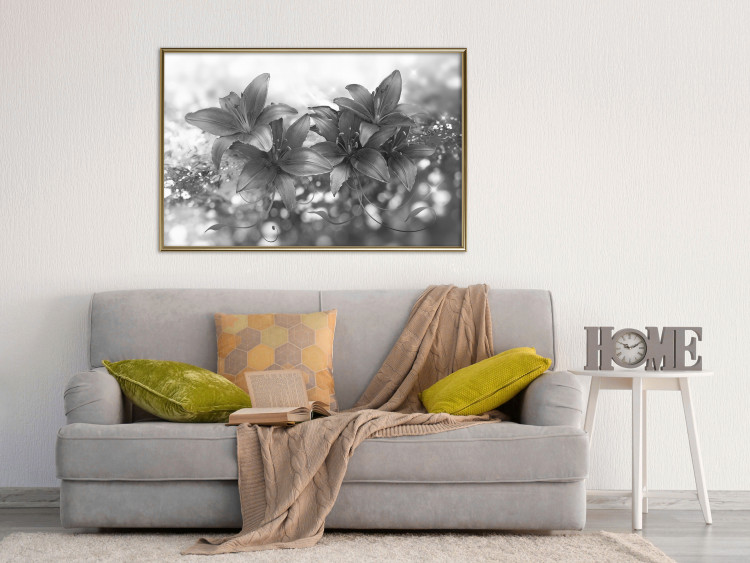 Poster Silver Bouquet - black and white composition with flowers on a glossy background 118423 additionalImage 7
