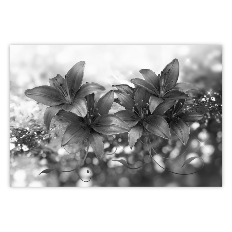 Poster Silver Bouquet - black and white composition with flowers on a glossy background 118423