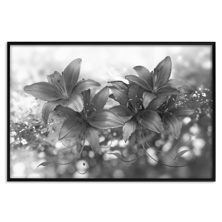Poster Silver Bouquet - black and white composition with flowers on a glossy background 118423 additionalImage 24