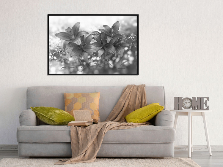 Poster Silver Bouquet - black and white composition with flowers on a glossy background 118423 additionalImage 5