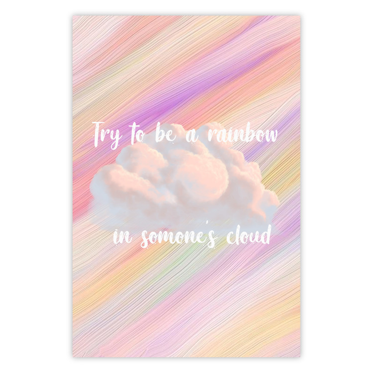 Wall Poster Try to Be a Rainbow - white text on a cloud and multicolored background 123223