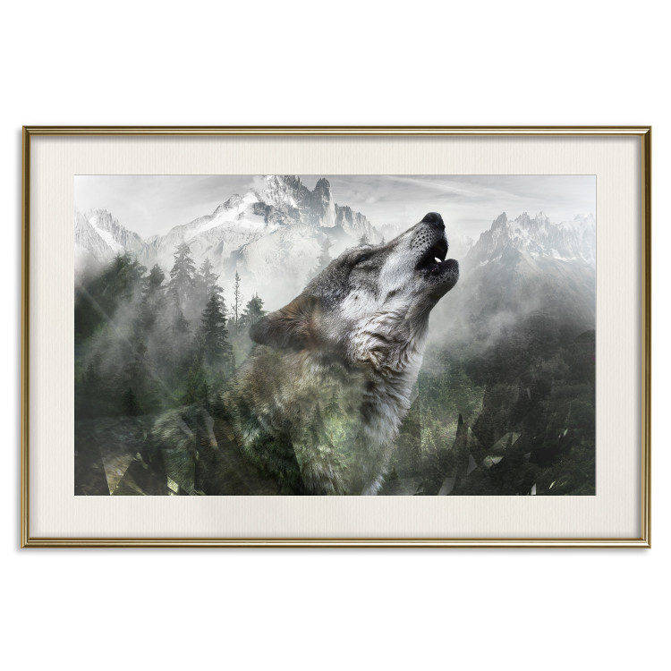Wall Poster Howling Wolf - wild animal against a forest landscape and high mountains 126023 additionalImage 23