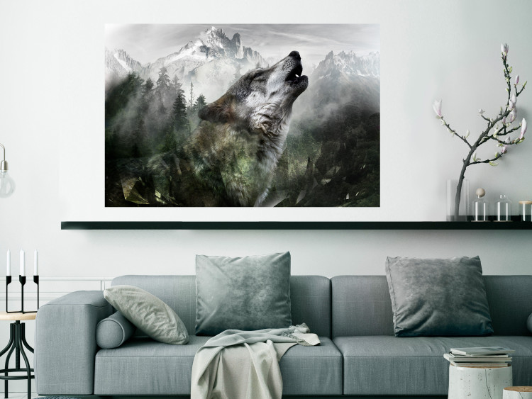 Wall Poster Howling Wolf - wild animal against a forest landscape and high mountains 126023 additionalImage 20