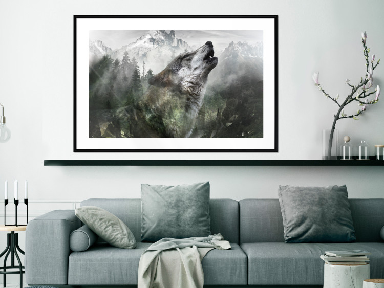 Wall Poster Howling Wolf - wild animal against a forest landscape and high mountains 126023 additionalImage 6