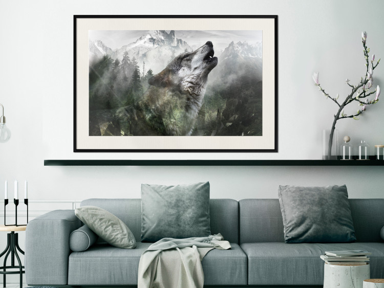 Wall Poster Howling Wolf - wild animal against a forest landscape and high mountains 126023 additionalImage 21
