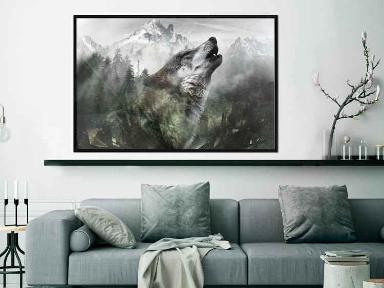 Wall Poster Howling Wolf - wild animal against a forest landscape and high mountains 126023 additionalImage 3