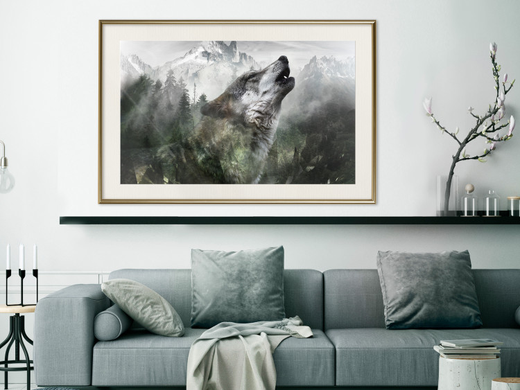 Wall Poster Howling Wolf - wild animal against a forest landscape and high mountains 126023 additionalImage 22