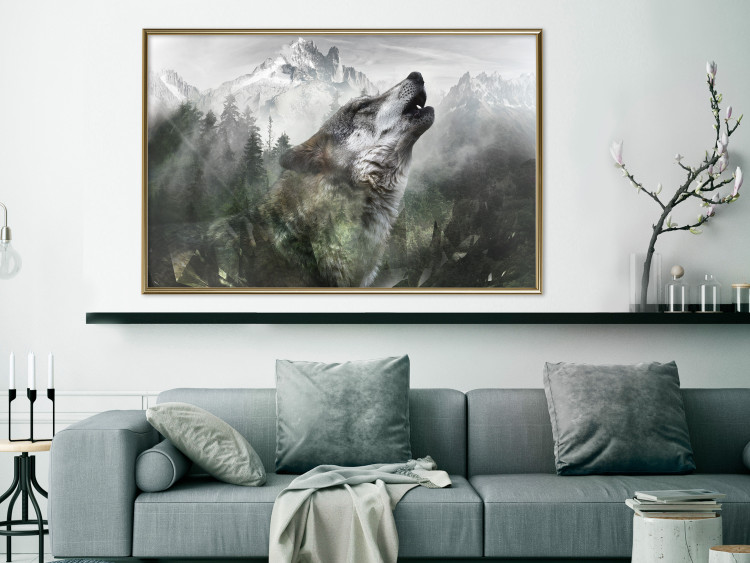 Wall Poster Howling Wolf - wild animal against a forest landscape and high mountains 126023 additionalImage 7