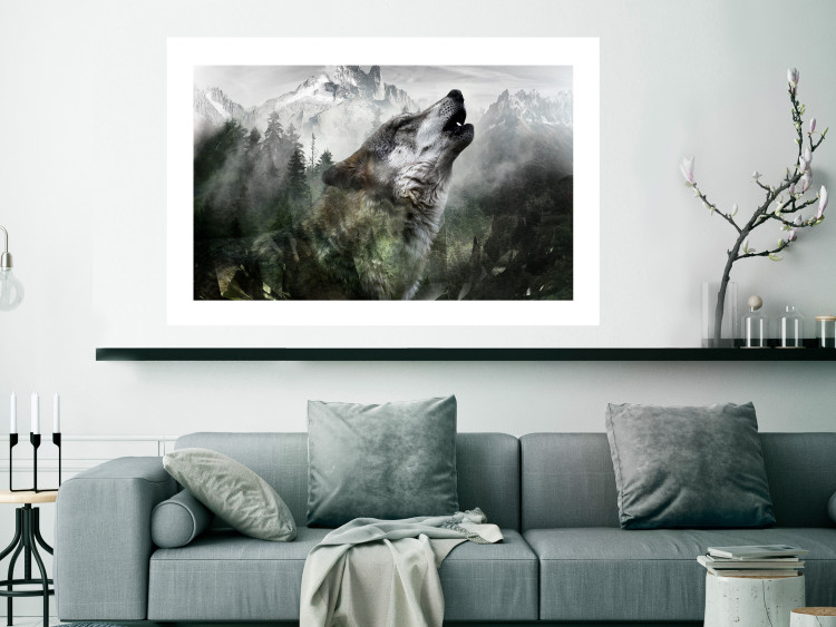 Wall Poster Howling Wolf - wild animal against a forest landscape and high mountains 126023 additionalImage 2