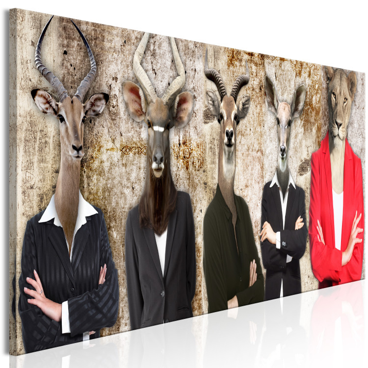 Canvas Animal faces - humen figures with animal heads on a brown background 128523 additionalImage 2