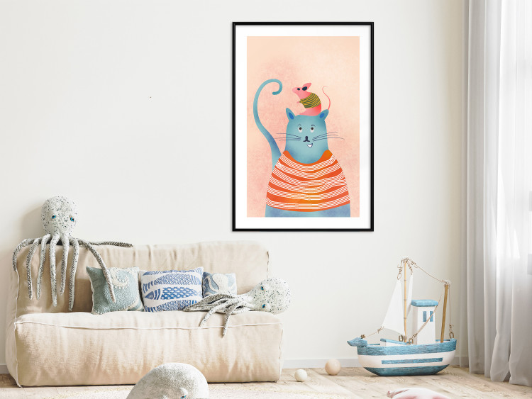 Wall Poster Good Friends - funny blue cat and pink mouse on a light background 135723 additionalImage 13