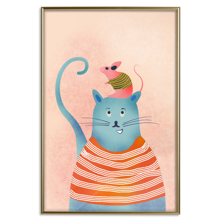 Wall Poster Good Friends - funny blue cat and pink mouse on a light background 135723 additionalImage 4