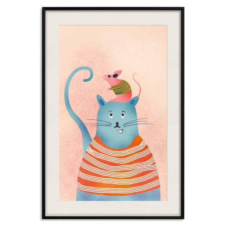 Wall Poster Good Friends - funny blue cat and pink mouse on a light background 135723 additionalImage 3