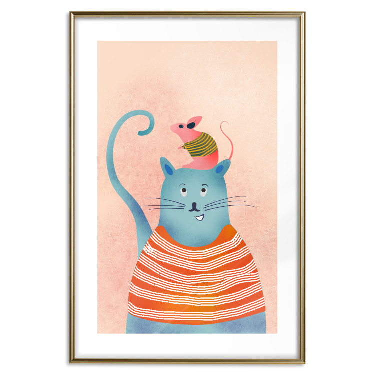 Wall Poster Good Friends - funny blue cat and pink mouse on a light background 135723 additionalImage 4