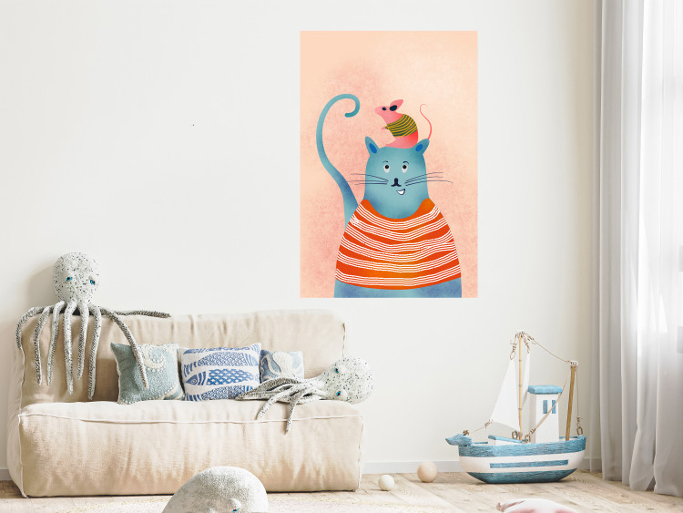 Wall Poster Good Friends - funny blue cat and pink mouse on a light background 135723 additionalImage 17