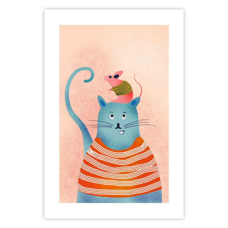Wall Poster Good Friends - funny blue cat and pink mouse on a light background 135723 additionalImage 27