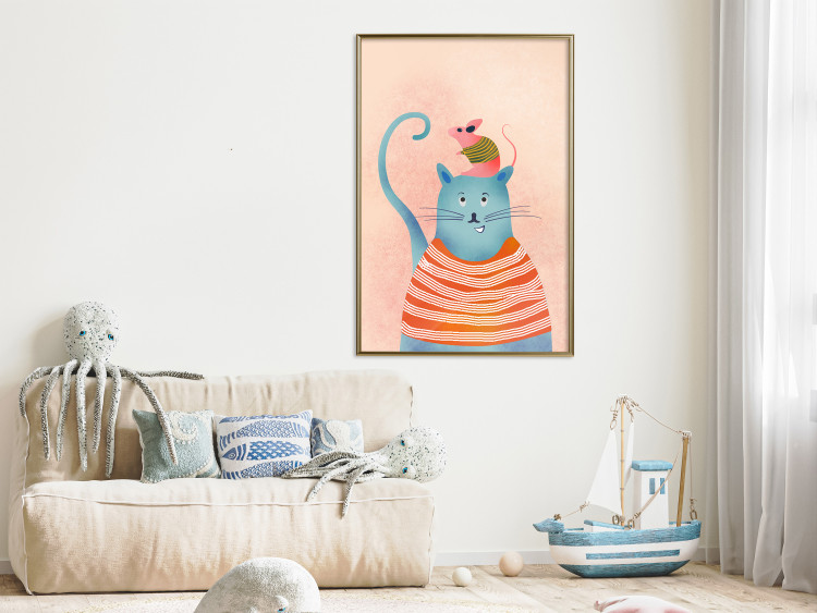 Wall Poster Good Friends - funny blue cat and pink mouse on a light background 135723 additionalImage 14
