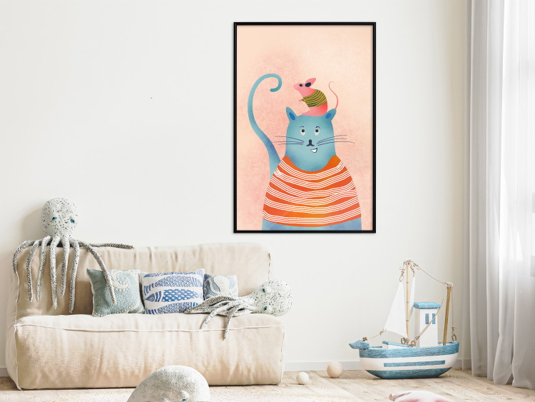 Wall Poster Good Friends - funny blue cat and pink mouse on a light background 135723 additionalImage 15