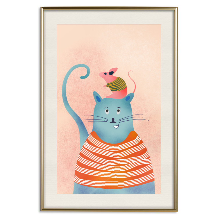 Wall Poster Good Friends - funny blue cat and pink mouse on a light background 135723 additionalImage 2