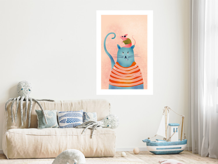 Wall Poster Good Friends - funny blue cat and pink mouse on a light background 135723 additionalImage 11