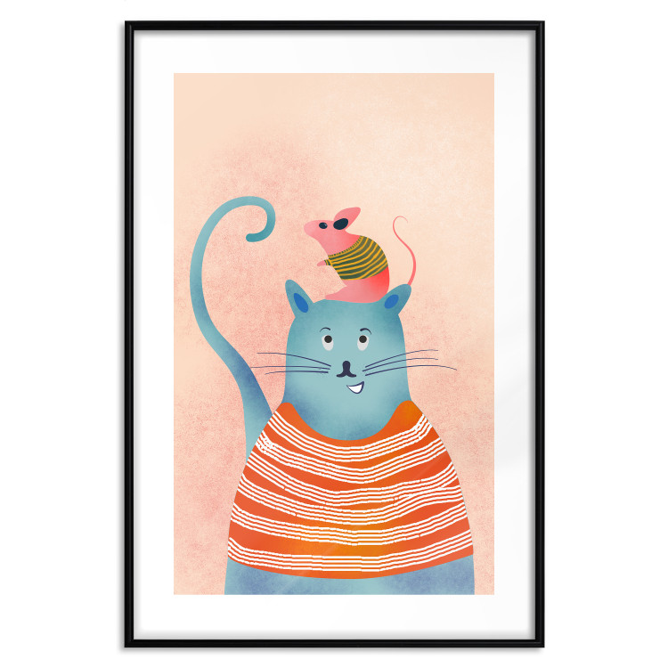 Wall Poster Good Friends - funny blue cat and pink mouse on a light background 135723 additionalImage 5
